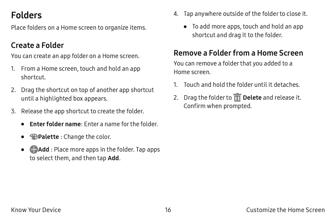 Create a Folder Remove a Folder from a Home Screen