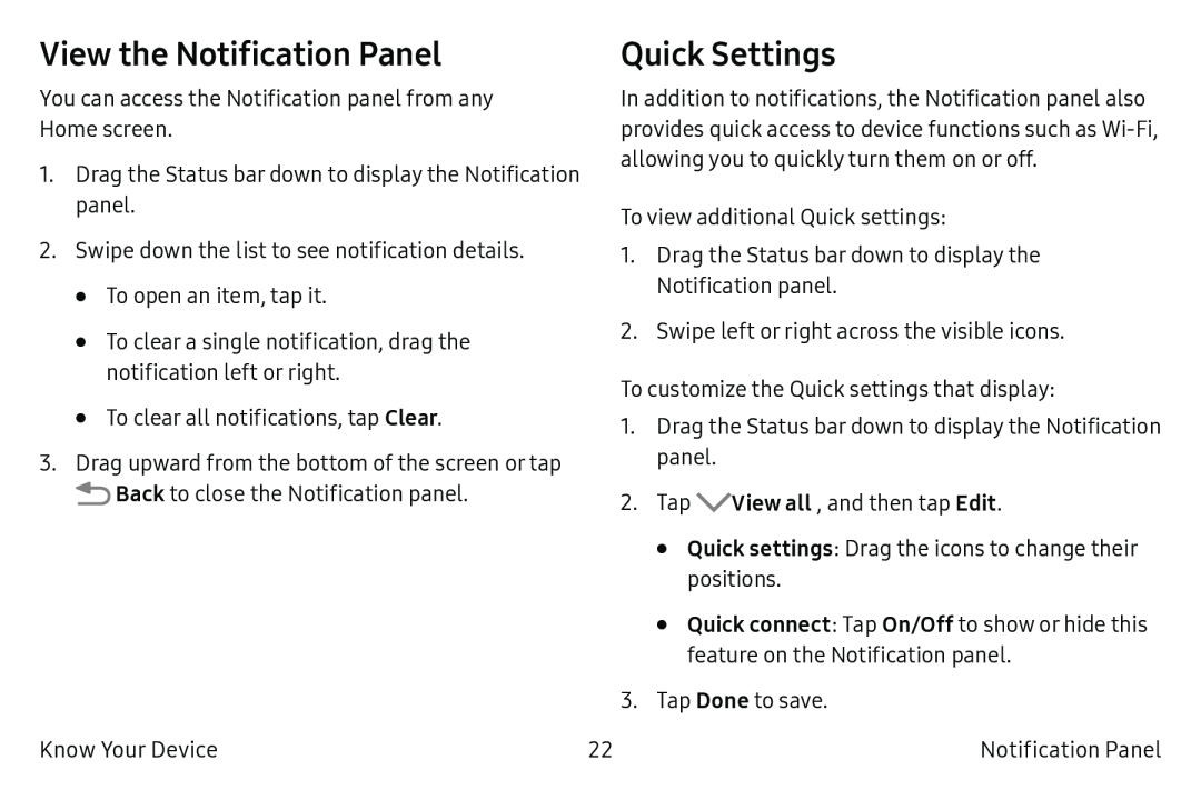 View the Notification Panel Quick Settings