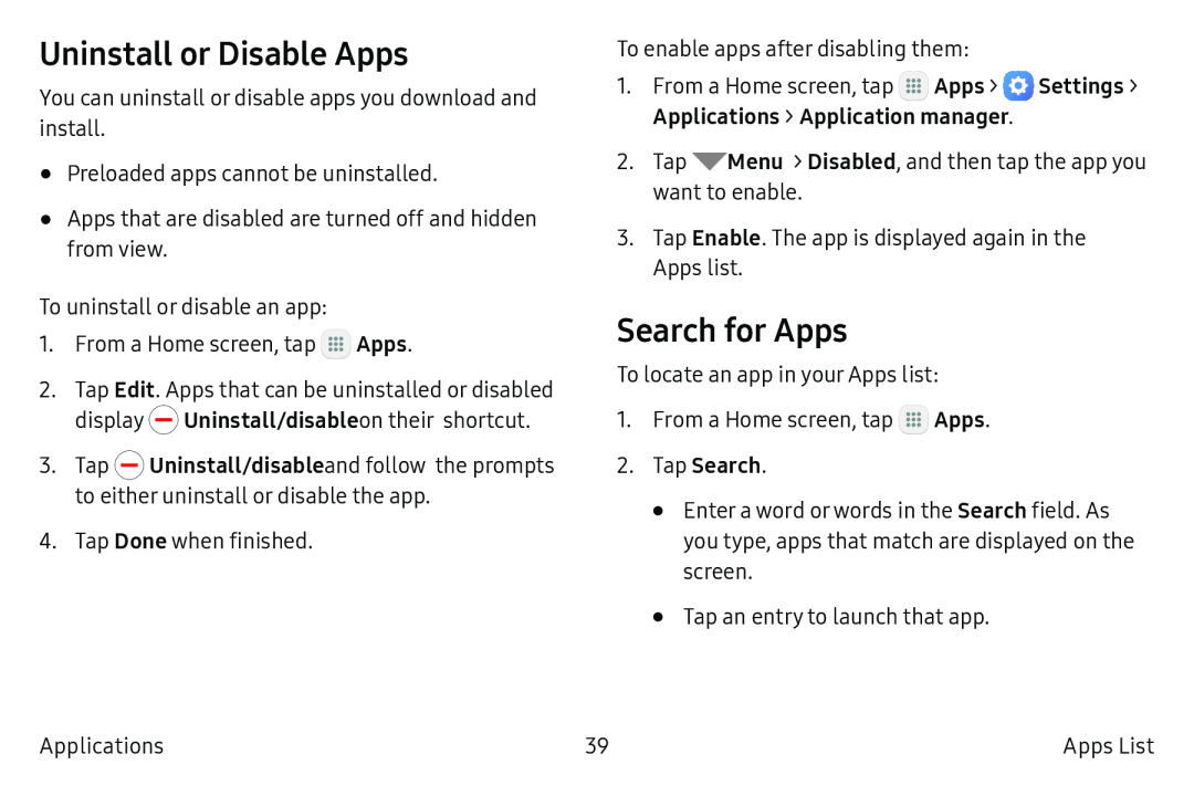 Uninstall or Disable Apps Search for Apps