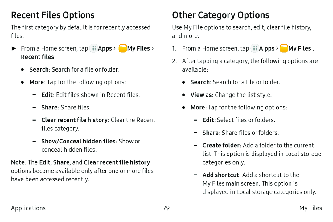 Recent Files Options Other Category Options