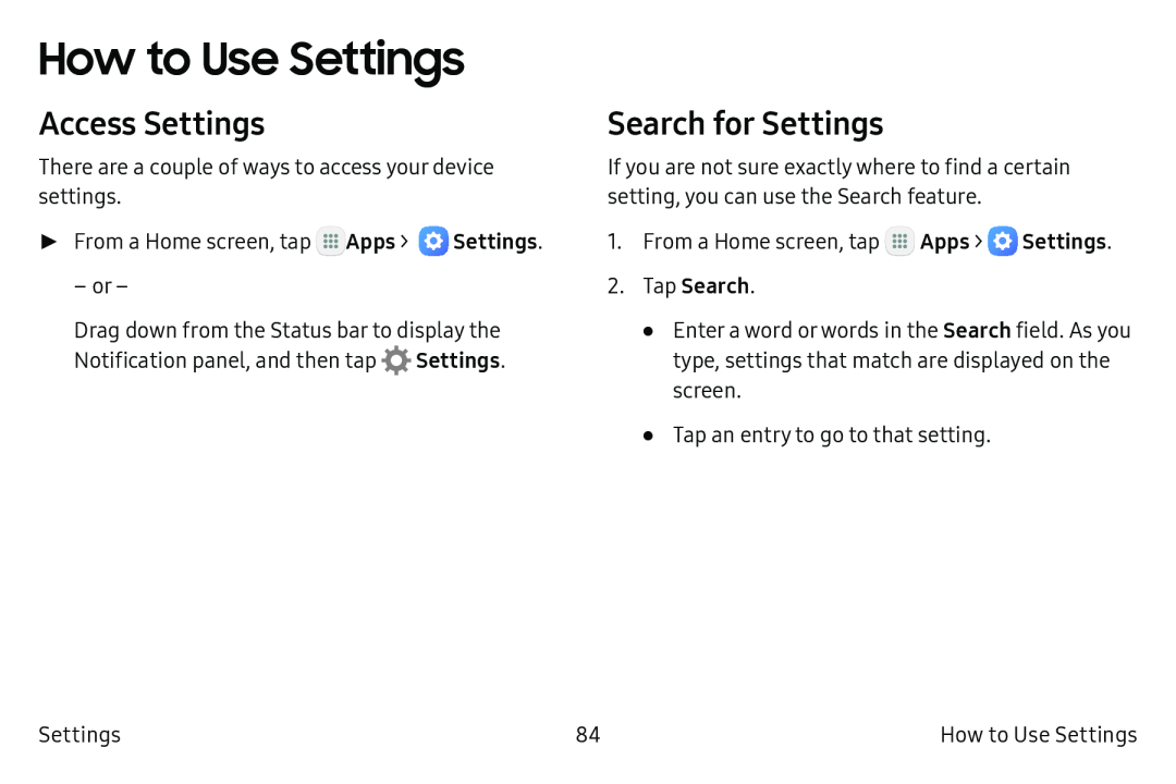 Access Settings Search for Settings