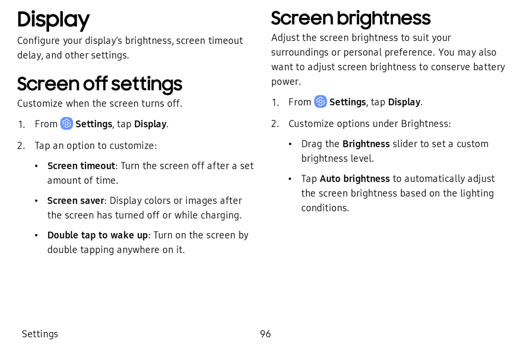 Screen off settings Screen brightness