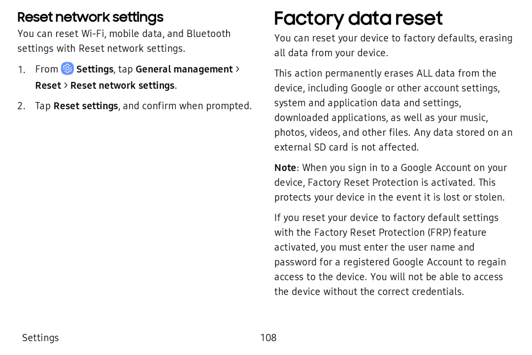 Reset network settings Factory data reset