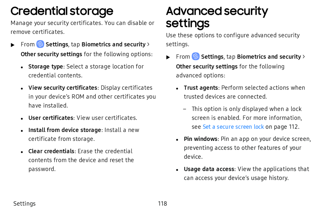 Credential storage Advanced security settings