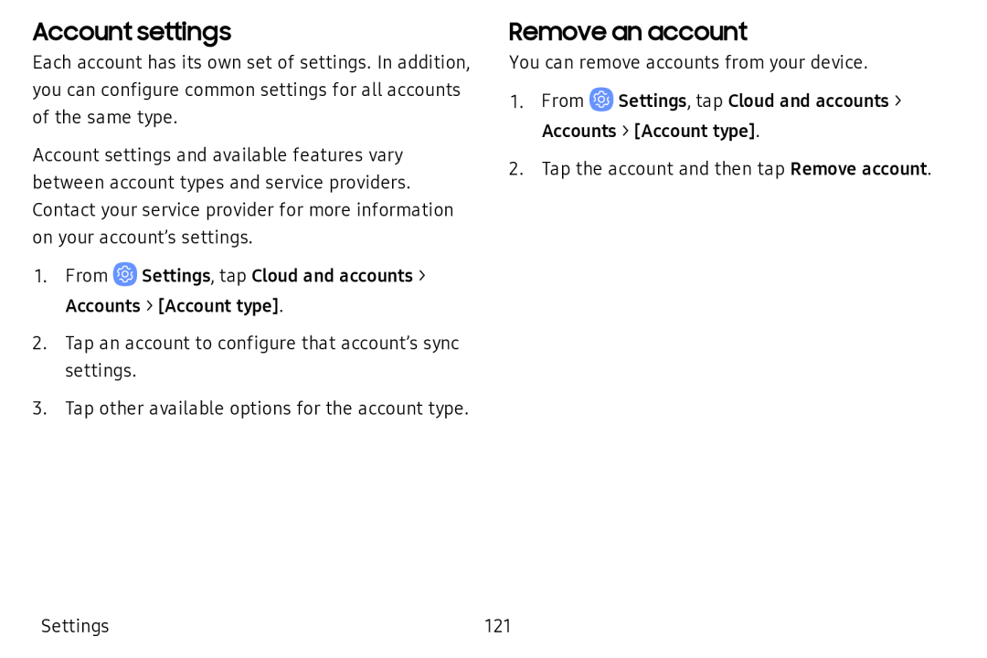 Account settings Remove an account