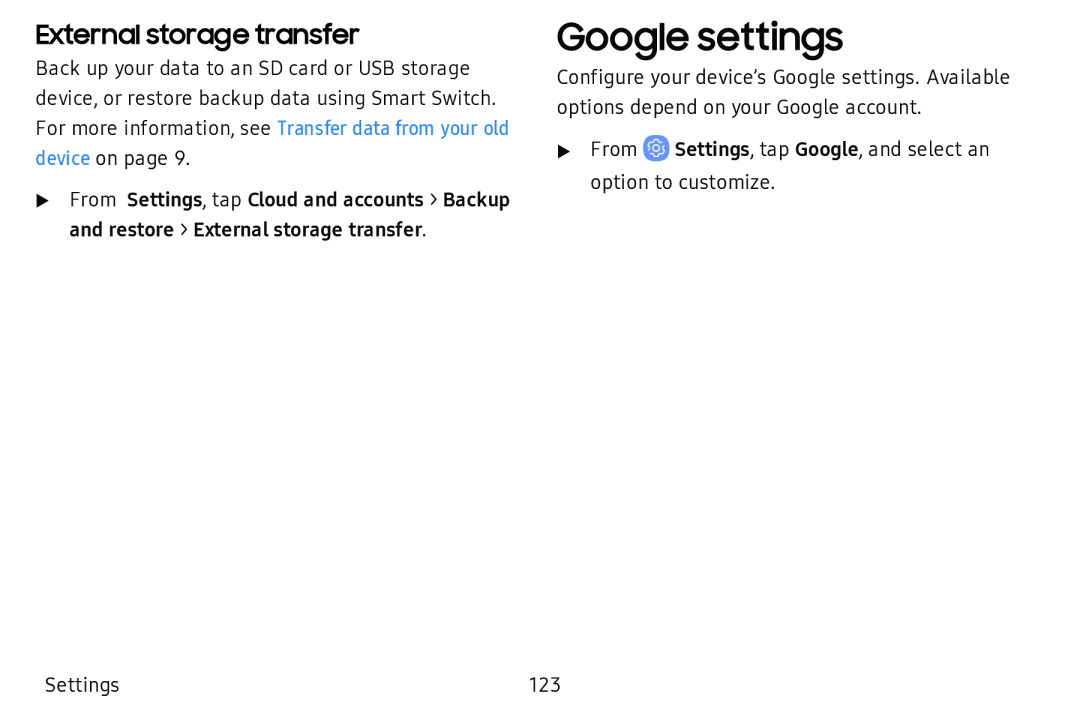 External storage transfer Google settings