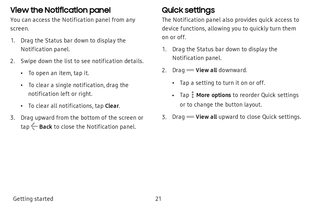 View the Notification panel Quick settings