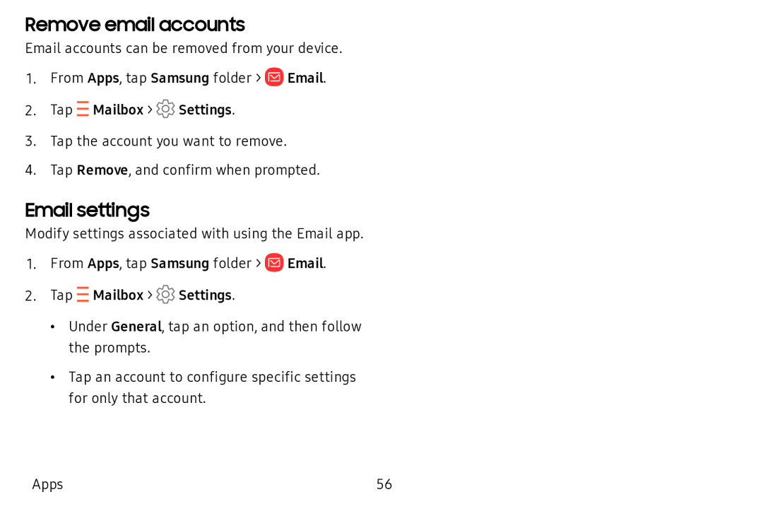 Remove email accounts Email settings