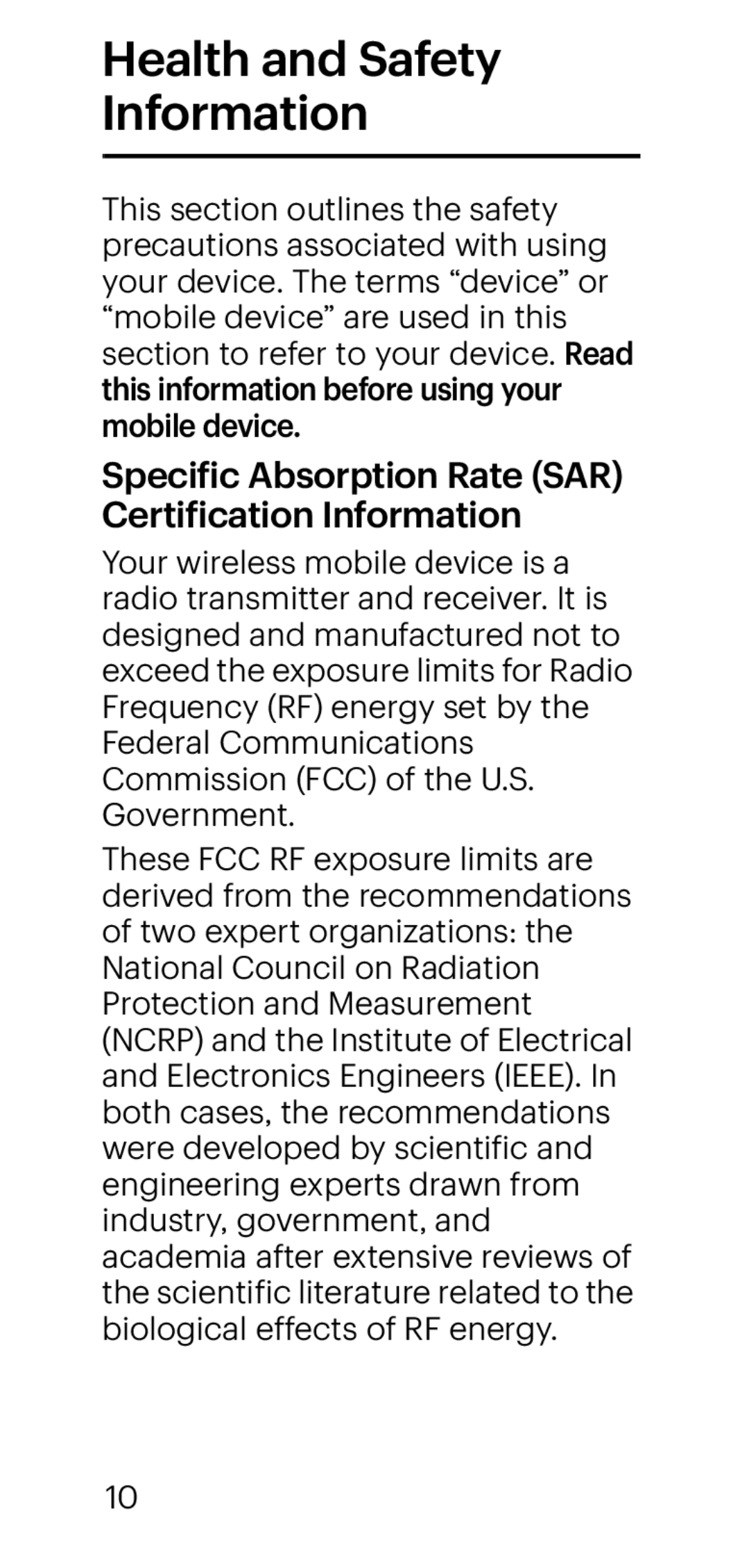 Specific Absorption Rate (SAR) Certification Information Galaxy Tab A 10.1 Sprint