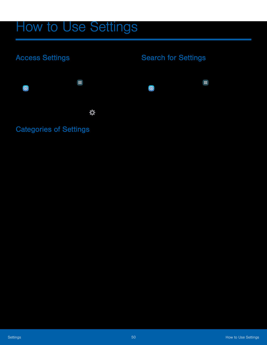 Access Settings Categories of Settings