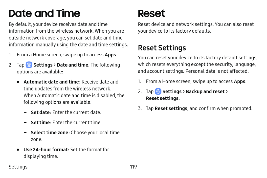 Reset Settings Date and Time