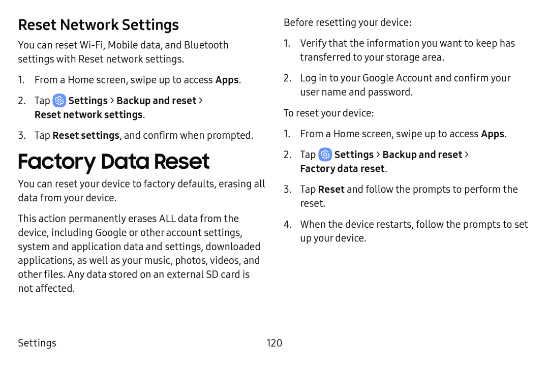 Reset Network Settings Factory Data Reset