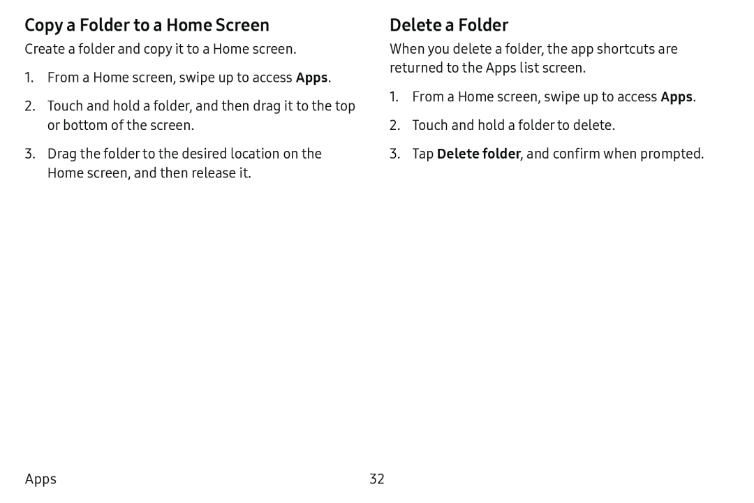 Copy a Folder to a Home Screen Delete a Folder