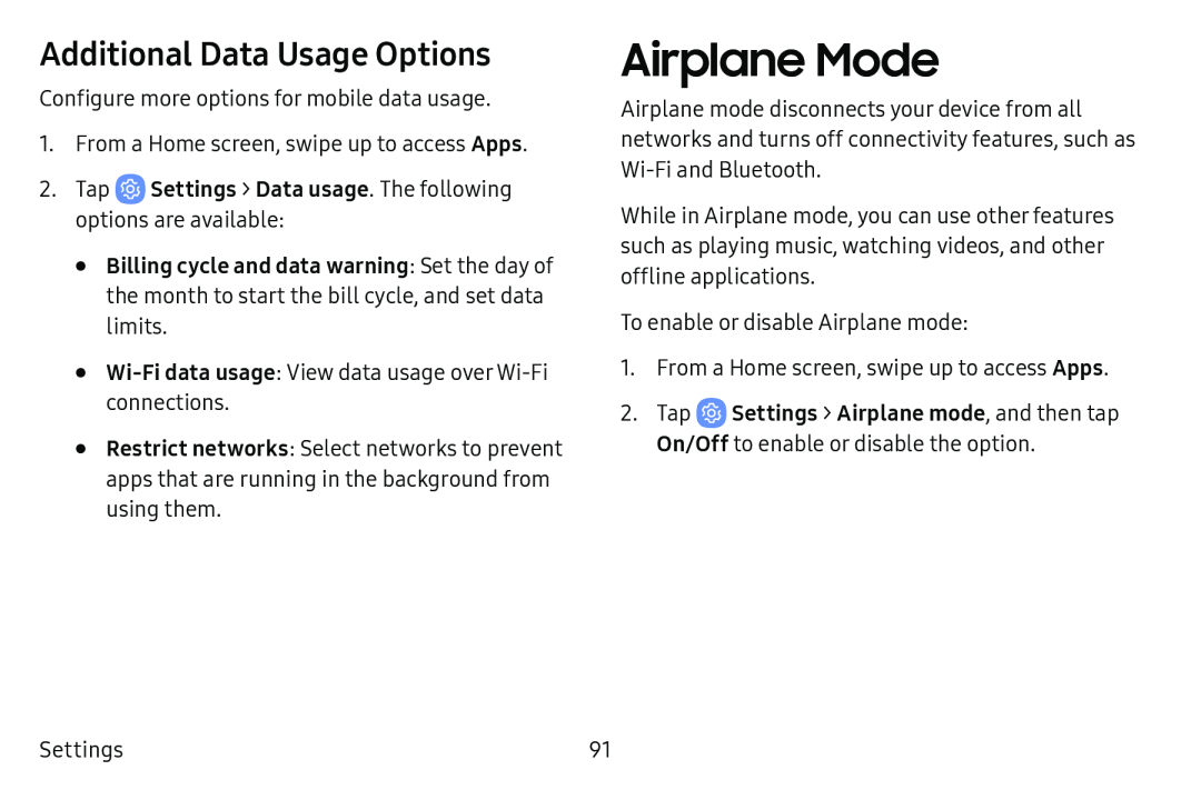 Additional Data Usage Options Airplane Mode