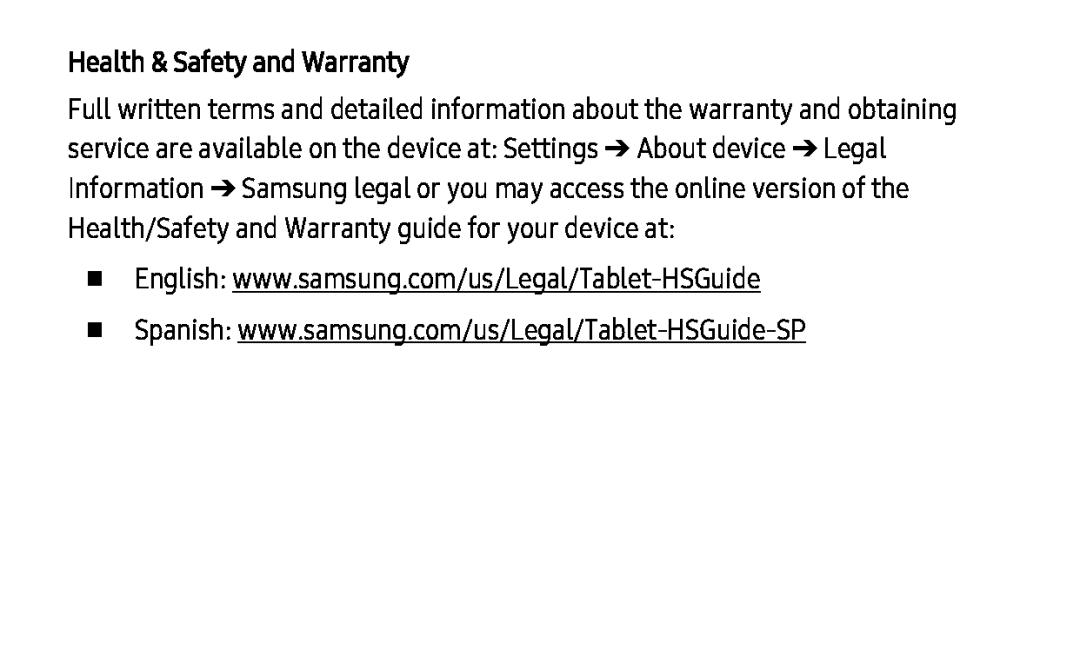 Health & Safety and Warranty Galaxy Tab E 9.6 Wi-Fi