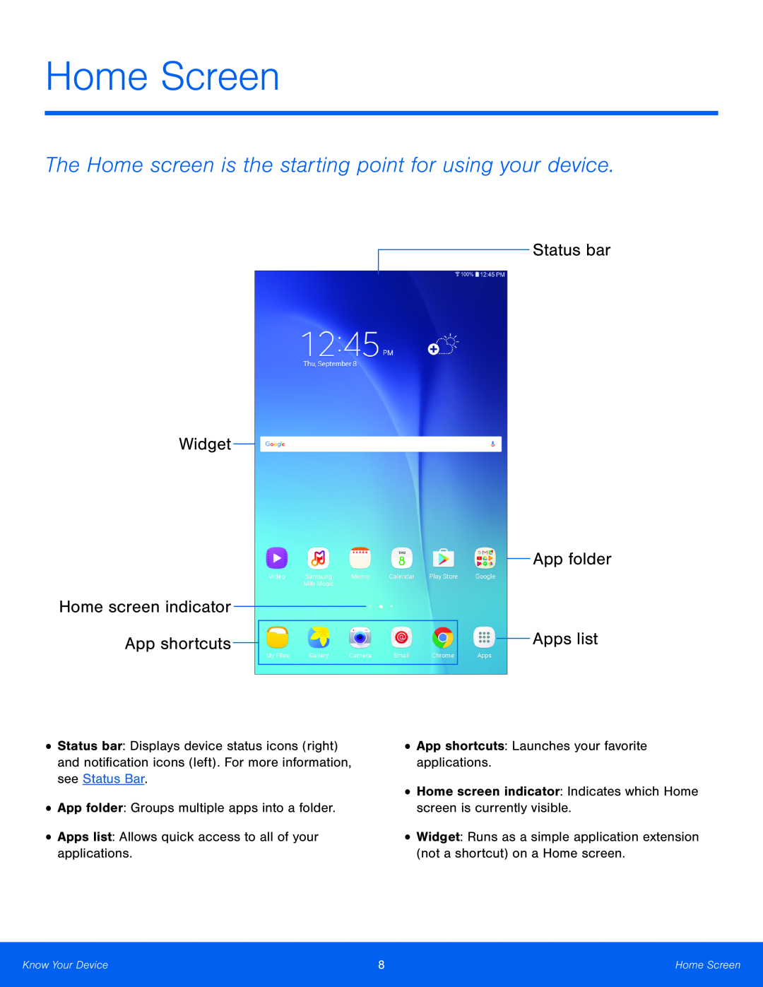 The Home screen is the starting point for using your device Galaxy Tab E 9.6 Wi-Fi