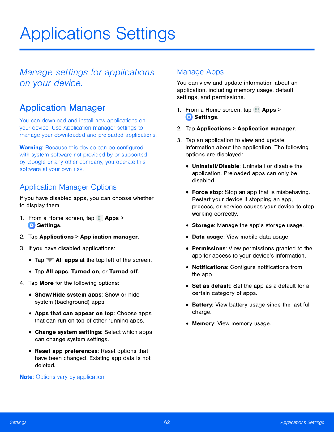 Application Manager Options Manage Apps