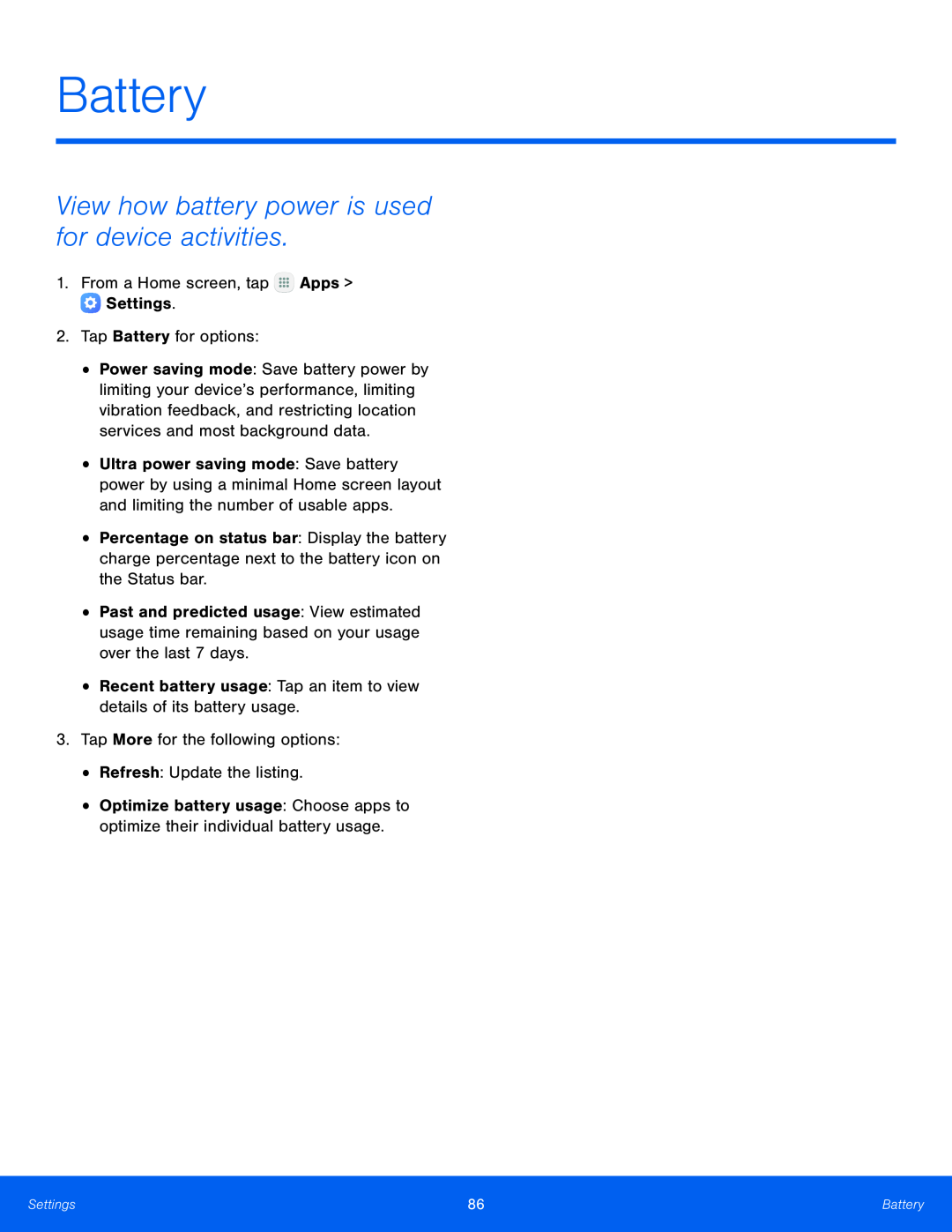 View how battery power is used for device activities Battery