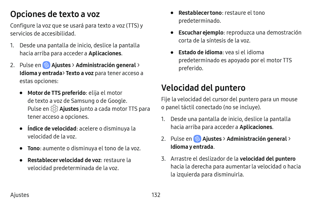 Opciones de texto a voz Velocidad del puntero