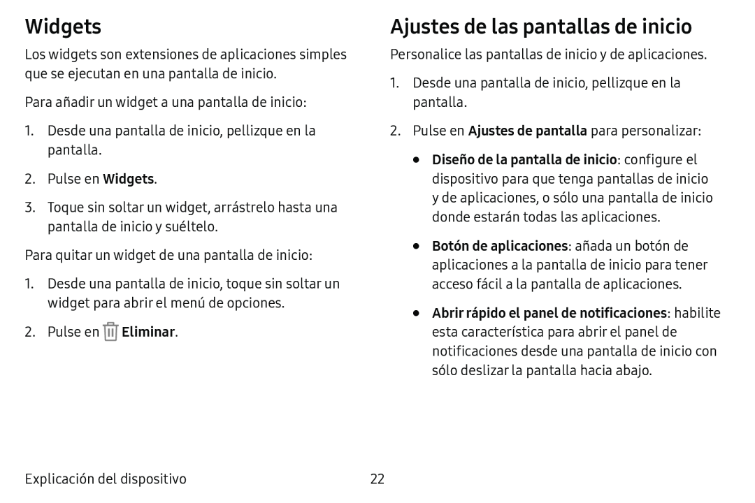 Ajustes de las pantallas de inicio Galaxy Tab E 8.0 AT&T