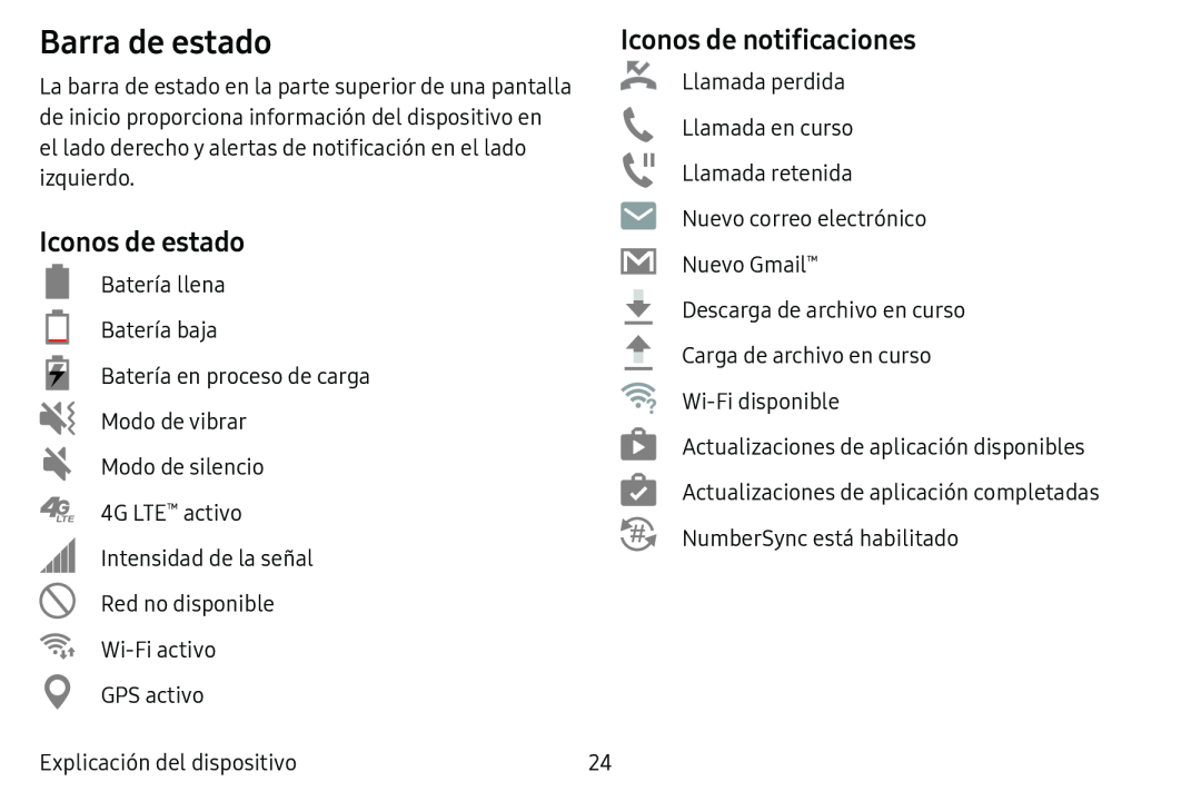 Iconos de estado Galaxy Tab E 8.0 AT&T