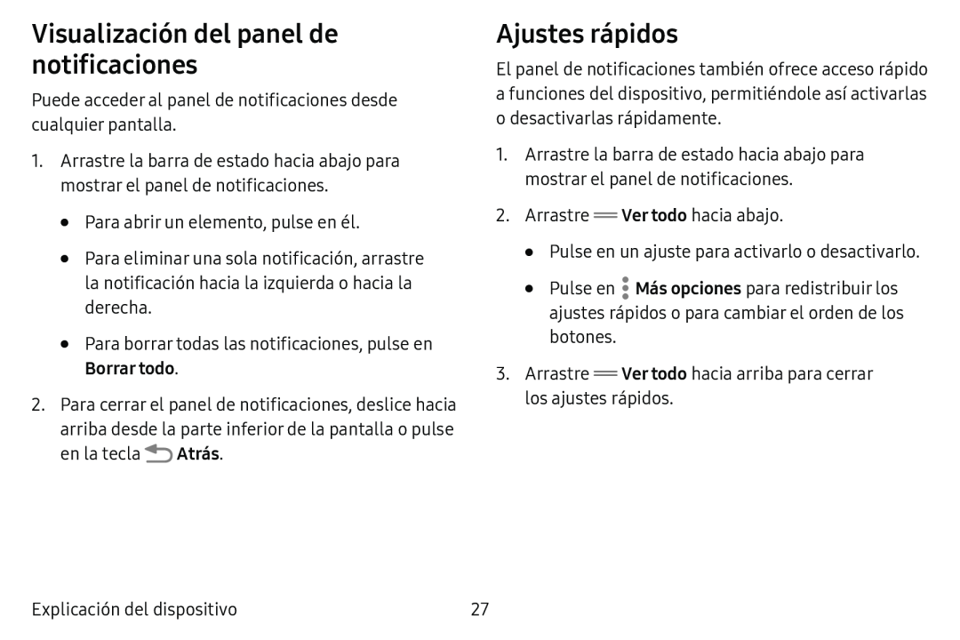 Visualización del panel de notificaciones Ajustes rápidos