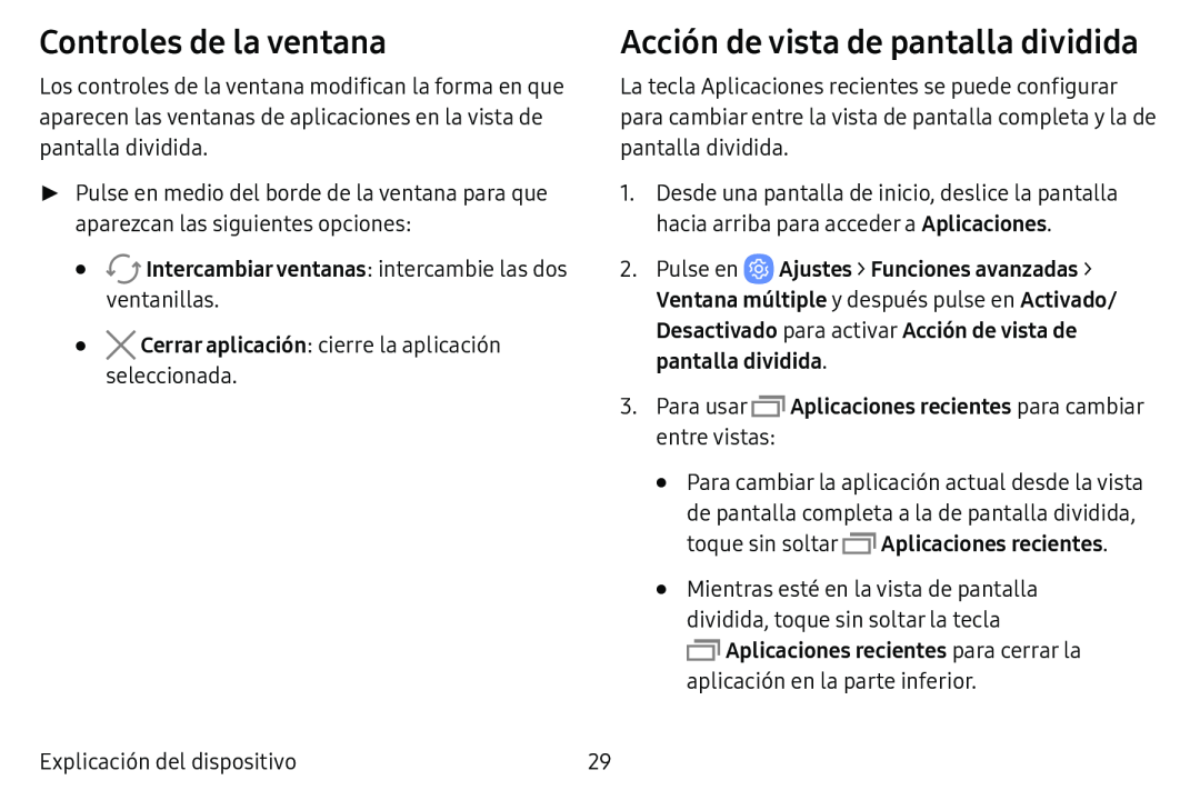 Controles de la ventana Acción de vista de pantalla dividida