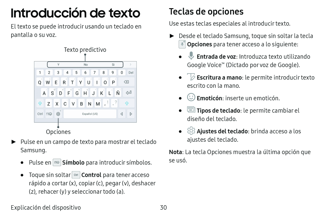 Teclas de opciones Introducción de texto