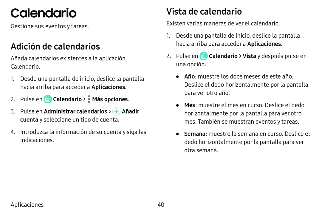 Adición de calendarios Vista de calendario