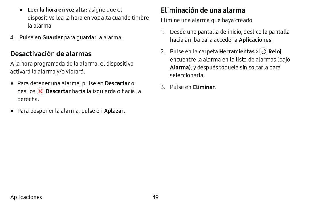 Desactivación de alarmas Eliminación de una alarma