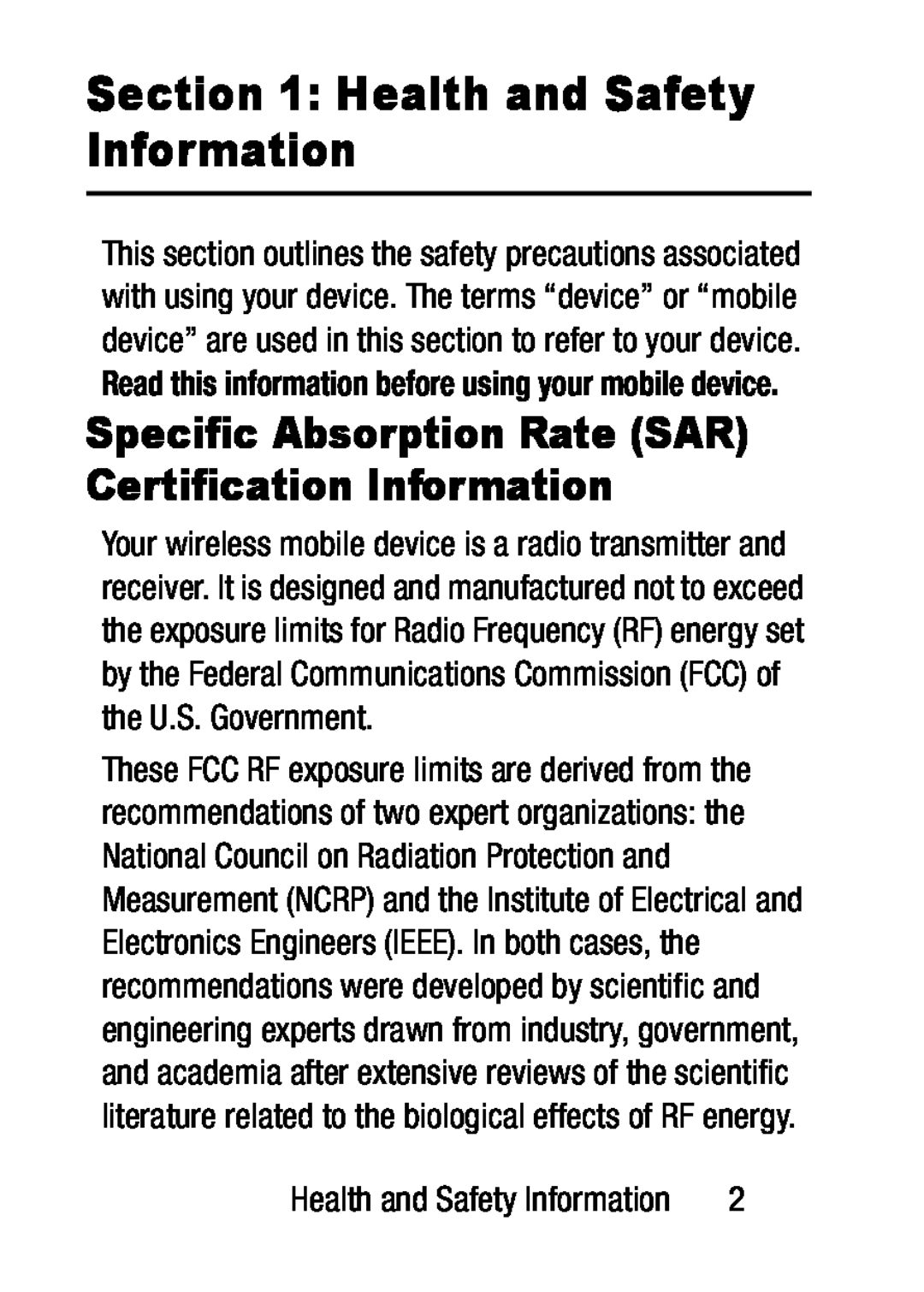 Specific Absorption Rate (SAR) Certification Information Section 1: Health and Safety Information