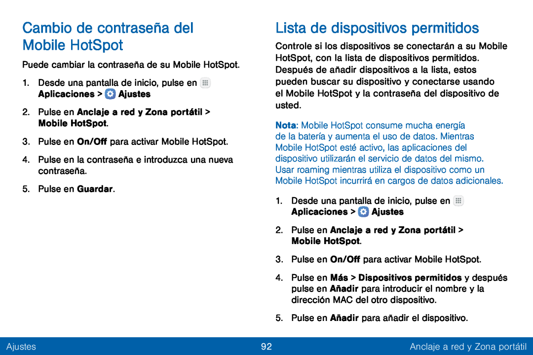 Cambio de contraseña del Mobile HotSpot Lista de dispositivos permitidos