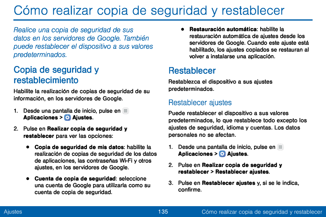 Restablecer ajustes Copia de seguridad y restablecimiento