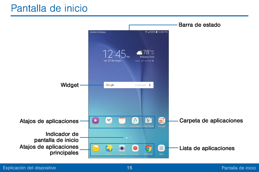 Atajos de aplicaciones principales Galaxy Tab E 8.0 Verizon