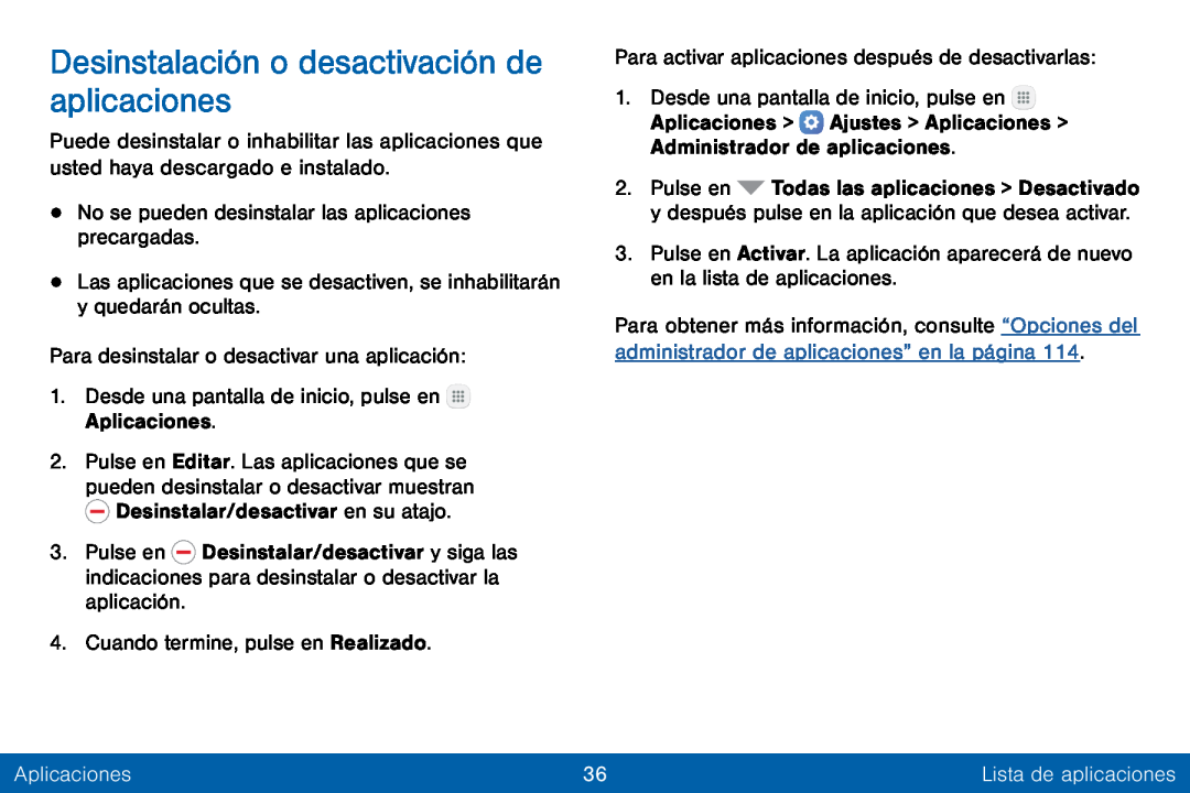 Desinstalación o desactivación de aplicaciones Galaxy Tab E 8.0 Verizon