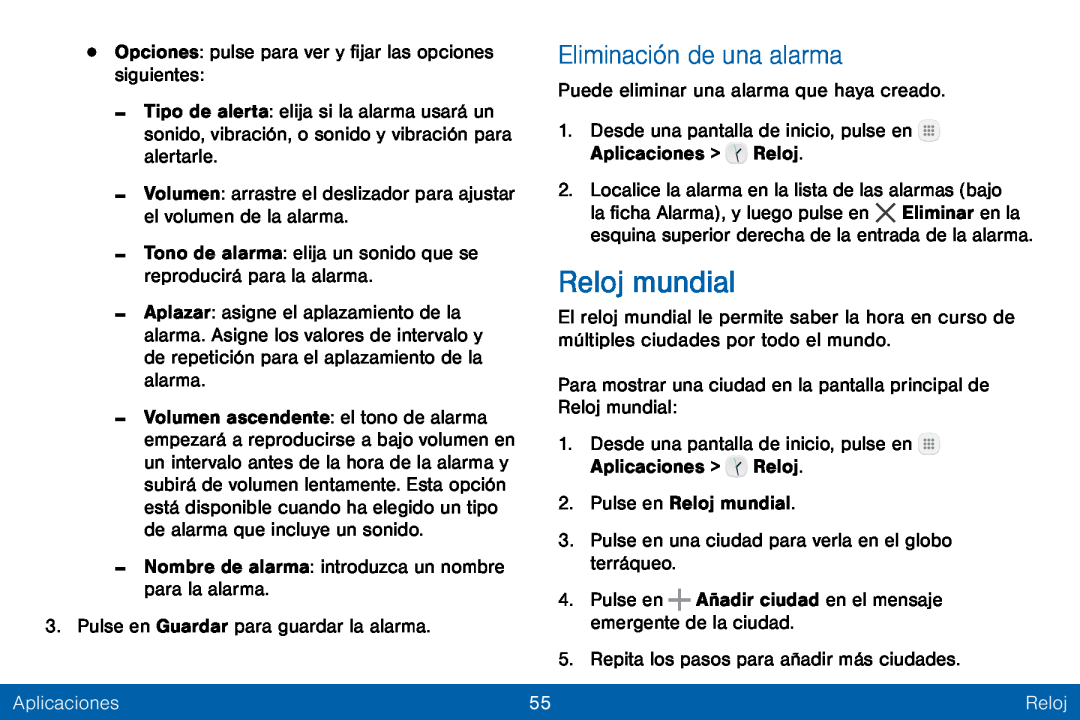 Eliminación de una alarma Galaxy Tab E 8.0 Verizon