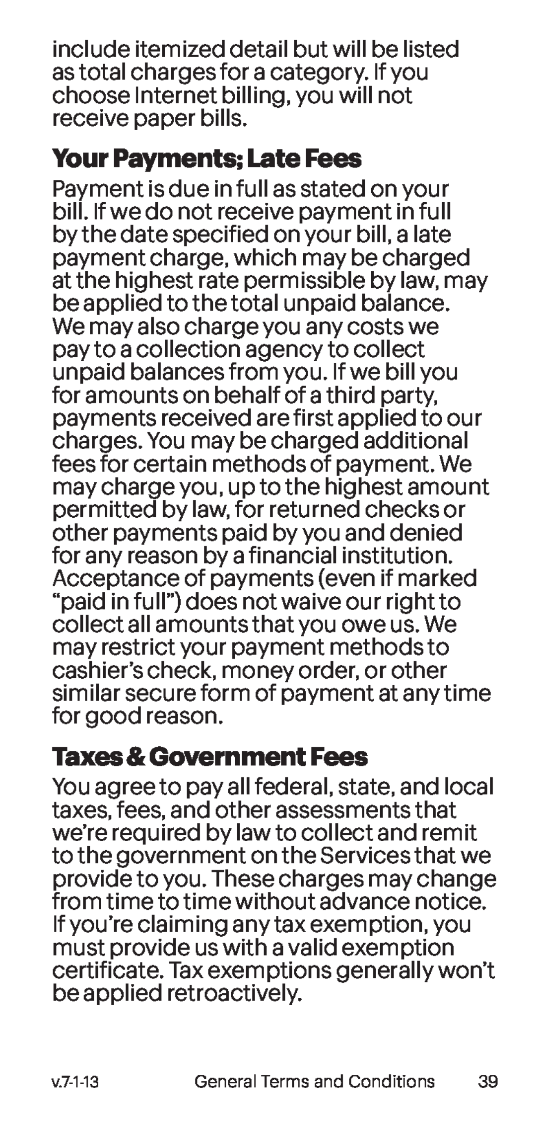 Your Payments; Late Fees Taxes & Government Fees