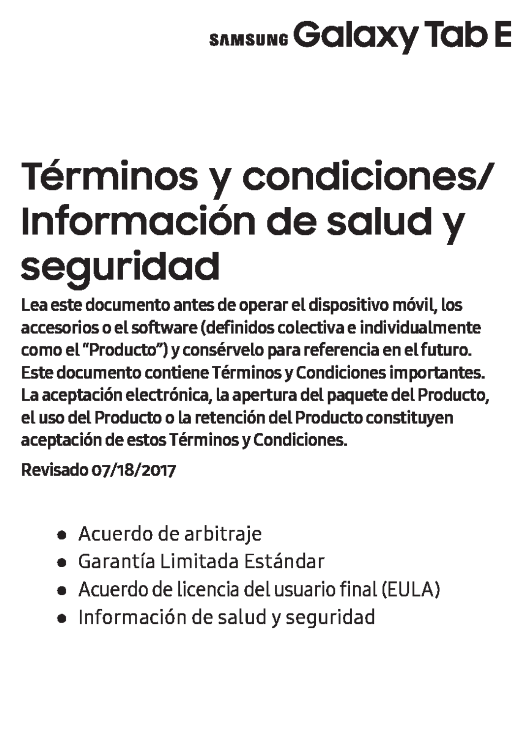 Términos y condiciones/ Información de salud y seguridad Galaxy Tab E 8.0 T-Mobile