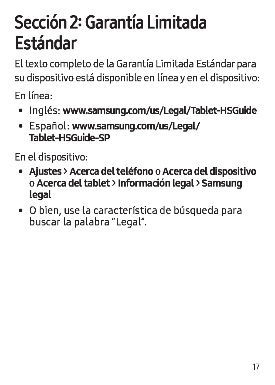 Sección 2: Garantía Limitada Estándar Galaxy Tab E 8.0 T-Mobile