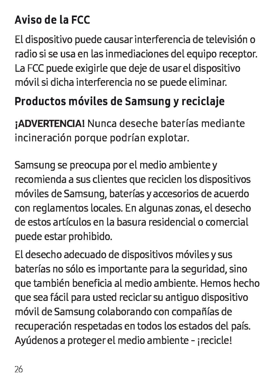 Aviso de la FCC Productos móviles de Samsung y reciclaje