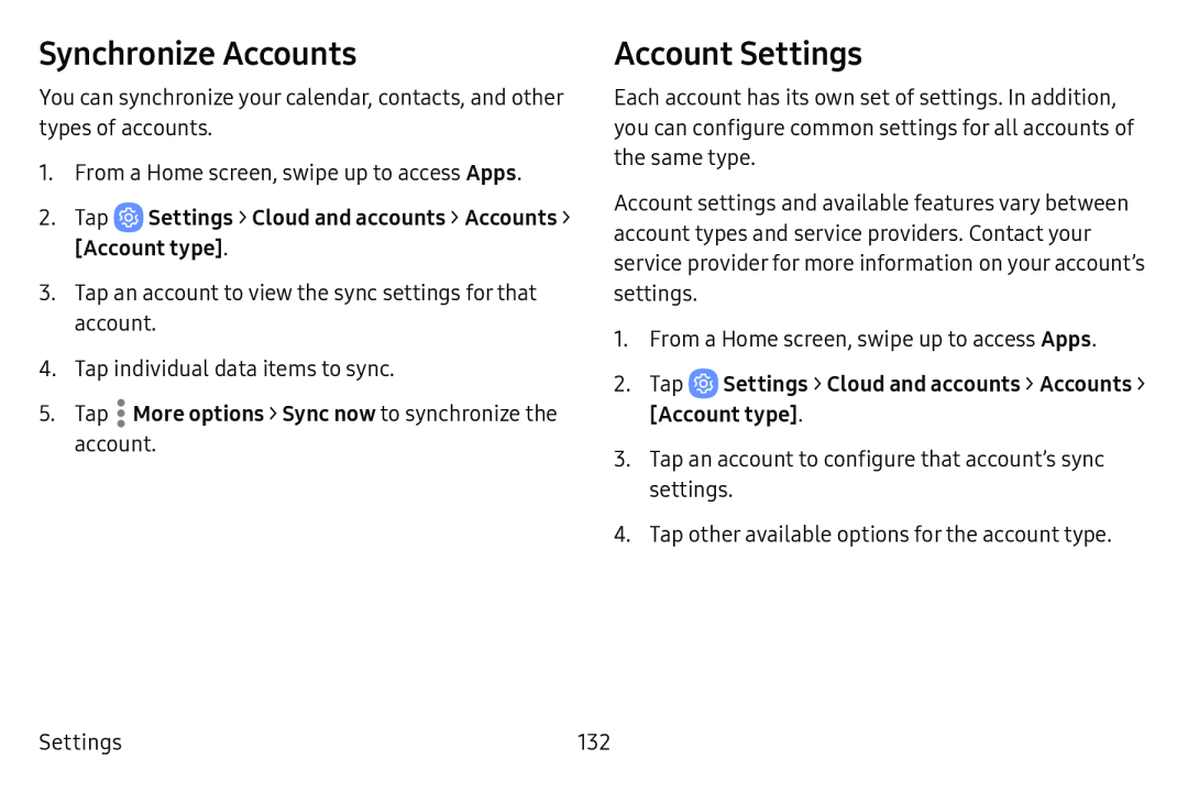 Synchronize Accounts Account Settings