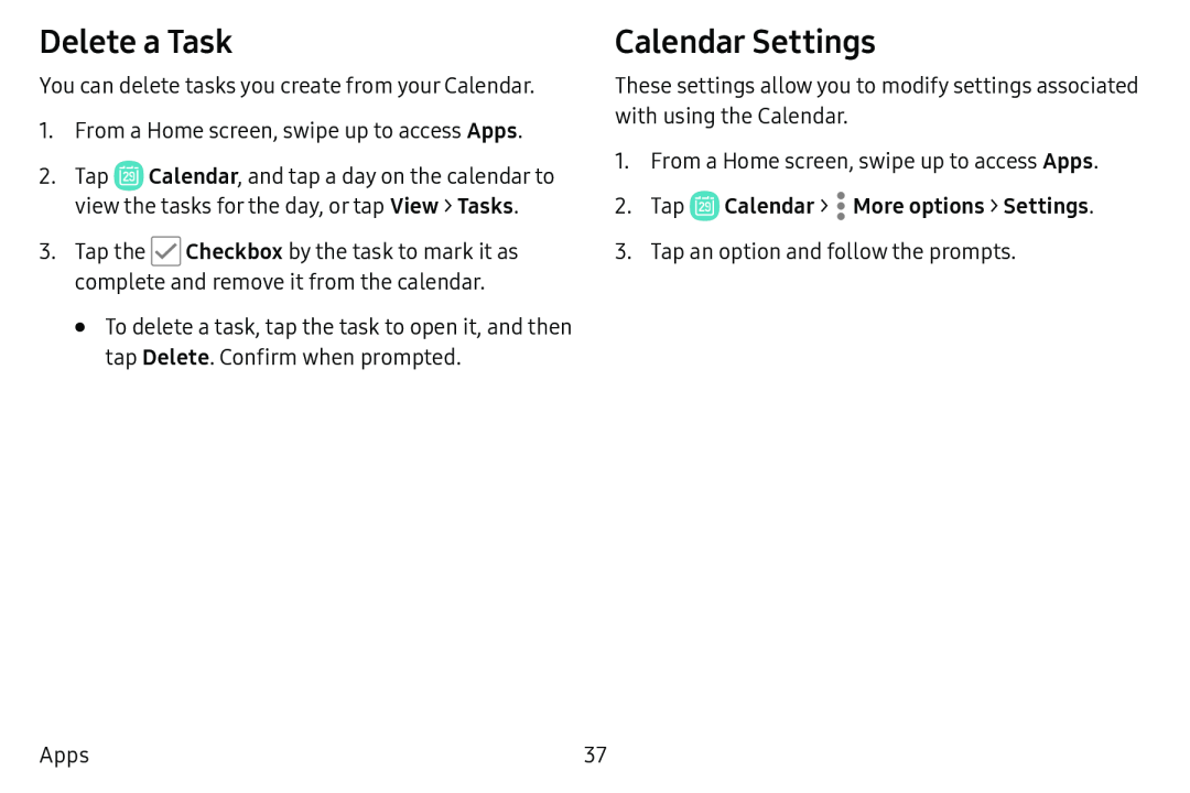 Delete a Task Calendar Settings