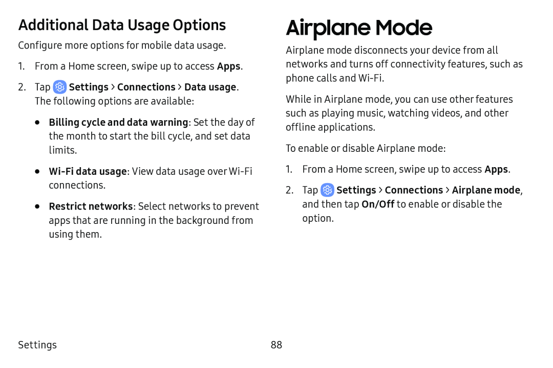 Additional Data Usage Options Airplane Mode