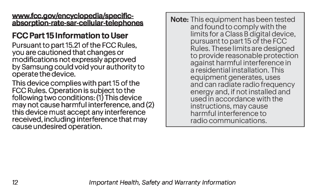 FCC Part 15 Information to User Galaxy Tab S 10.5 Sprint