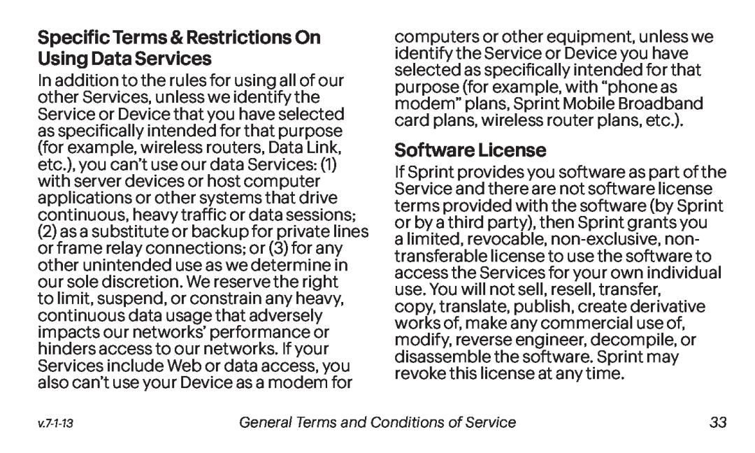 Specific Terms & Restrictions On Using Data Services Software License