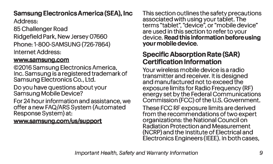 Specific Absorption Rate (SAR) Certification Information Galaxy Tab S 10.5 Sprint