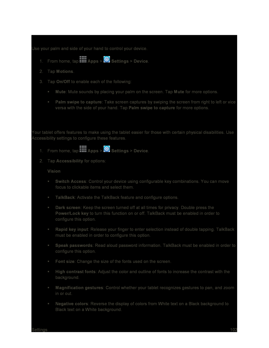 Motions Settings Galaxy Tab S 10.5 Sprint