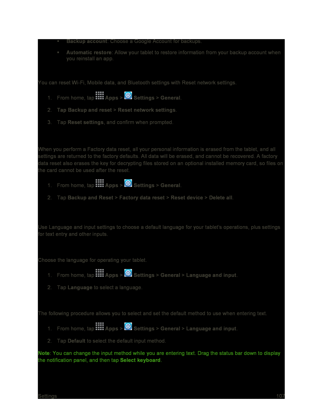 Language and Input Settings Galaxy Tab S 10.5 Sprint