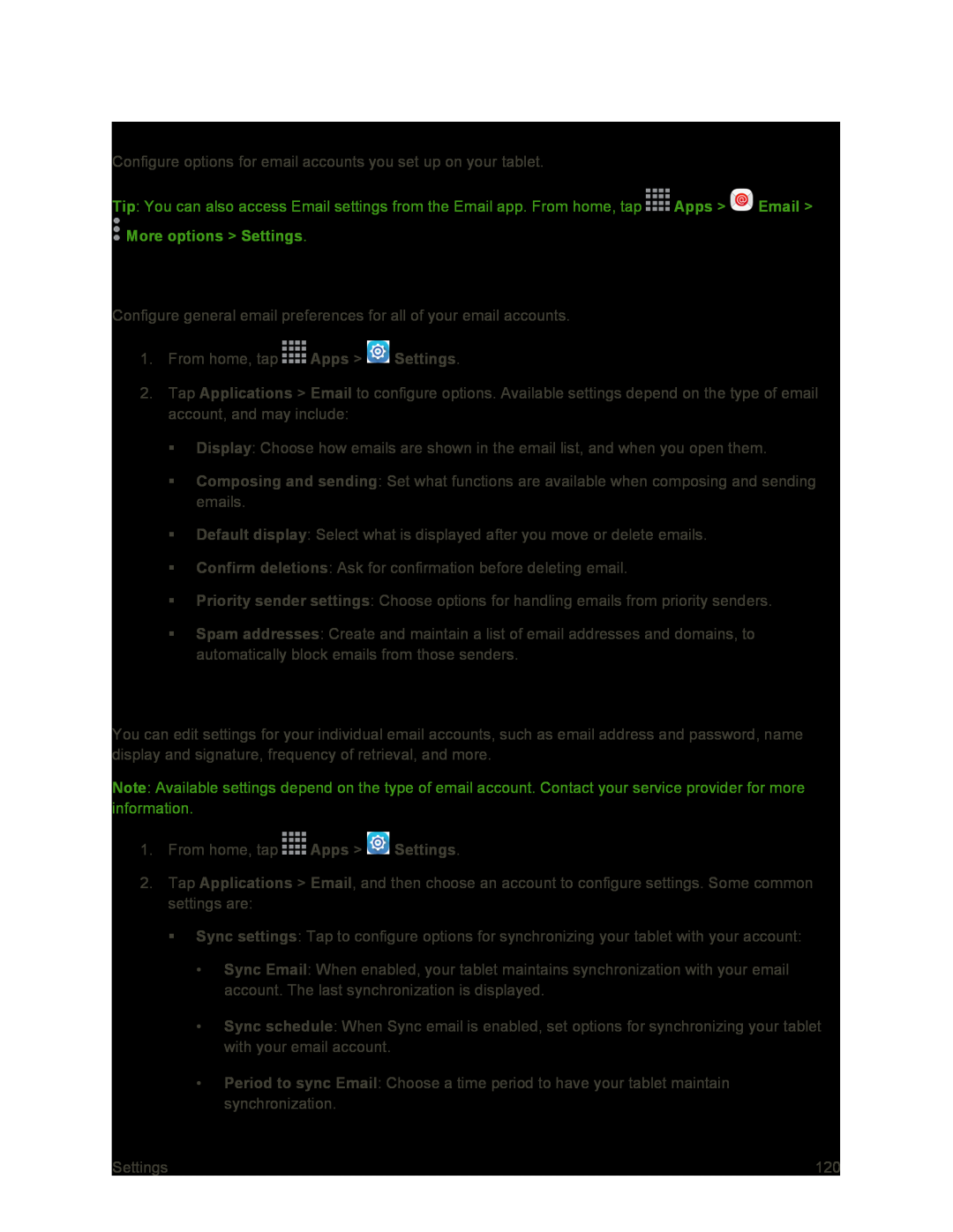 Manage Email Account Settings Galaxy Tab S 10.5 Sprint