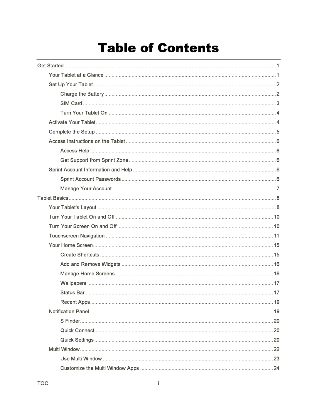 Table of Contents Galaxy Tab S 10.5 Sprint